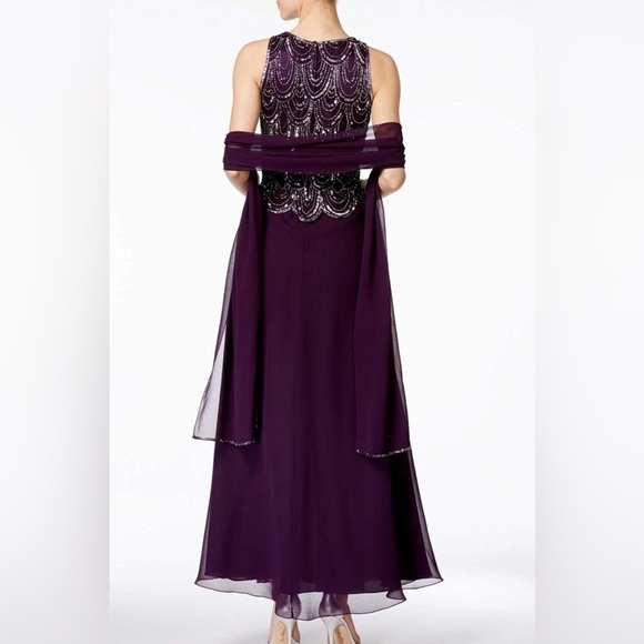 J Kara sleeveless beaded dress with matching scarf & sheer bolero cover up - Picture 2 of 12